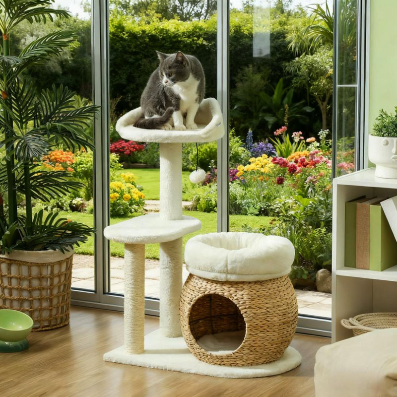 Tour pour arbre à chat de 31 po de couleur blanche avec condos à queue de chat, lits doubles et poteaux à griffer en sisal pour chats d'intérieur