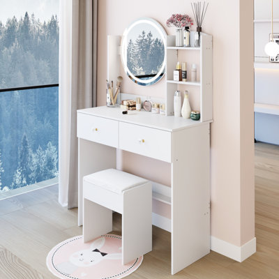 Vanity Table : 17" Round Led Mirror, 3 - Colour Adjustable Lighting, Soft Stool, Large Multi Layer Storage, American Design, White Construction , Brightness, Comfortable Storage For Tiny Spaces, Style,