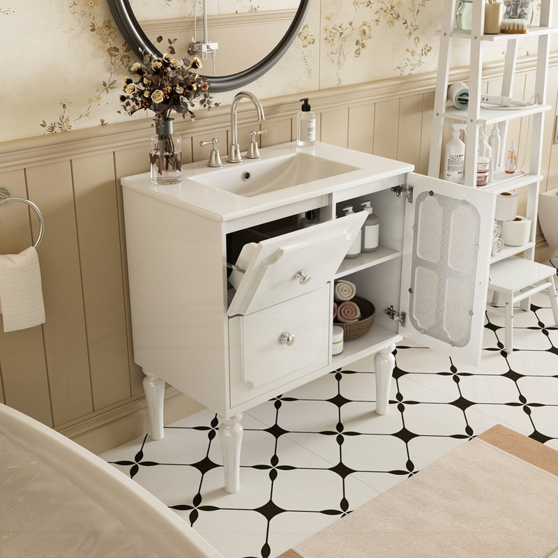 Ensemble de meuble-lavabo de style rétro avec lavabo en céramique, Blanc