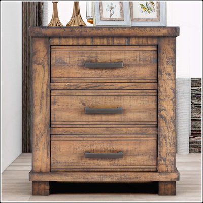Rustic Three-Drawer Reclaimed Solid Wood Farmhouse Nightstand, Perfect for Adding Charm and Storage to Any Bedroom