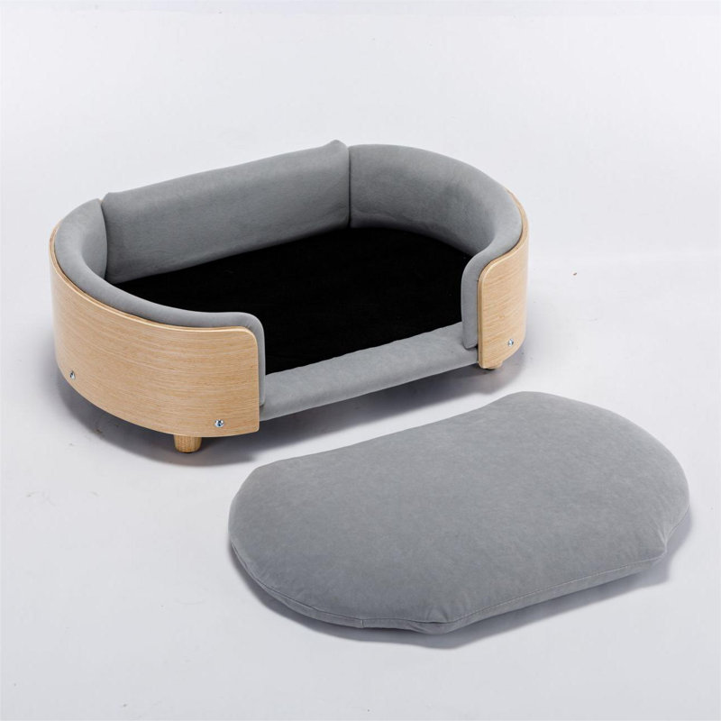 Canapé pour chien en bois massif Inira, L 26,38 po x P 16,14 po x H 9,84 po, Gris clair / naturel