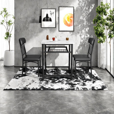 3 Piece Bar Table Set, Kitchen Table Set With Storage Shelves For 2, Bar Table And Chairs Set With PU Upholstered Stools And Marble Table Top, Bar Table Set And Storage Shelves For Small Spaces And Kitchen