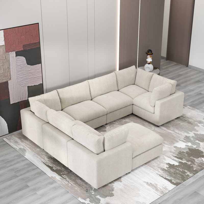 Kessi 8-Piece Upholstered Modern Chenille Fabric Modular Sectional Sofa With Ottoman, Beige Chenille
