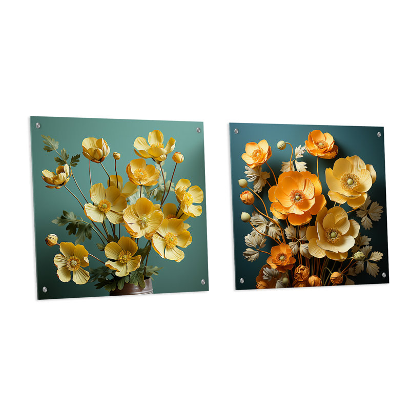 «Yellow Buttercups Realistic Radiance» - Ensemble de 2 art mural en verre acrylique, H 16 po x l 33 po