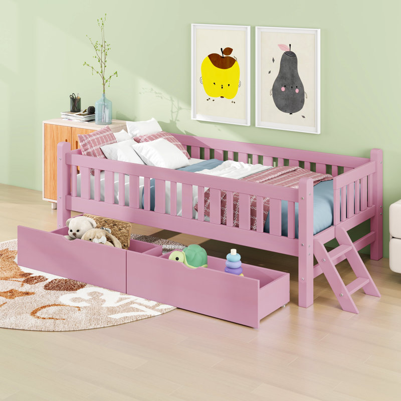 Lit plateforme simple en bois avec garde-corps et 2 tiroirs, base de lit en bois pour enfants avec échelle à deux marches, support à lattes robuste