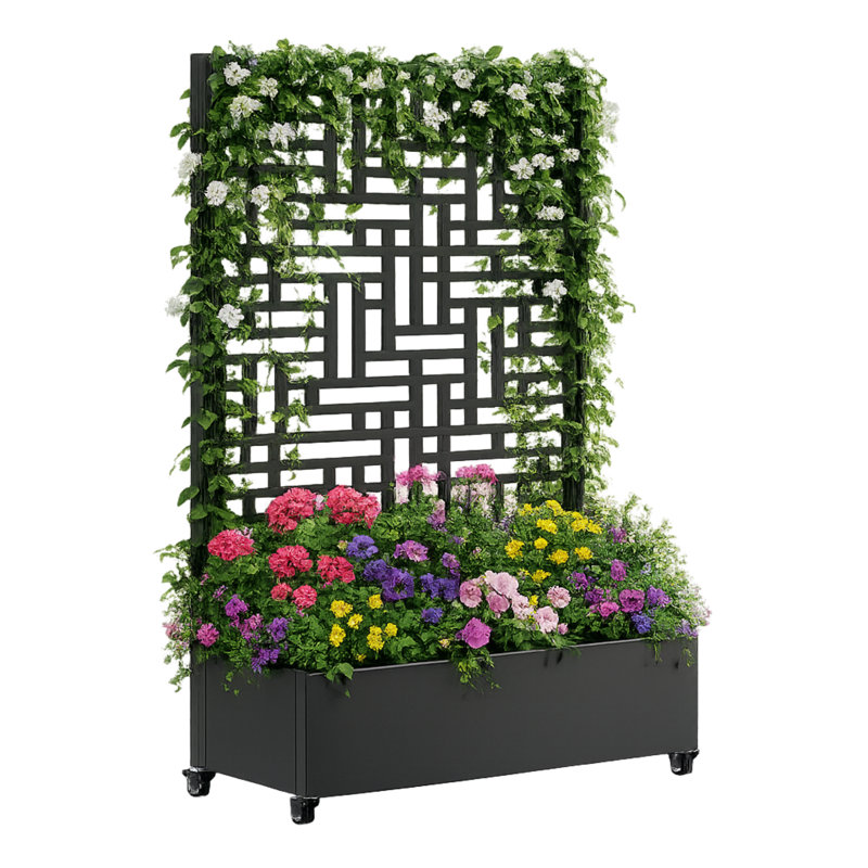 73 Inch Metal Raised Garden Bed With Trellis, Privacy Screen And Lockable Wheels, Planter Box