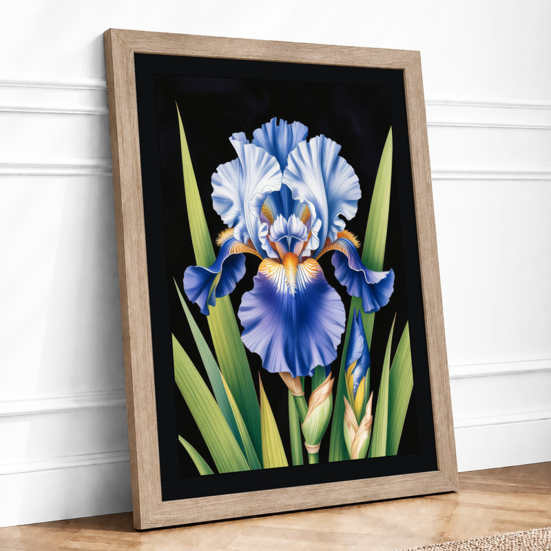 Iris in Blue and Gold Botanical - Framed Print, Oak, A4 - 29.7 x 21.0 cm