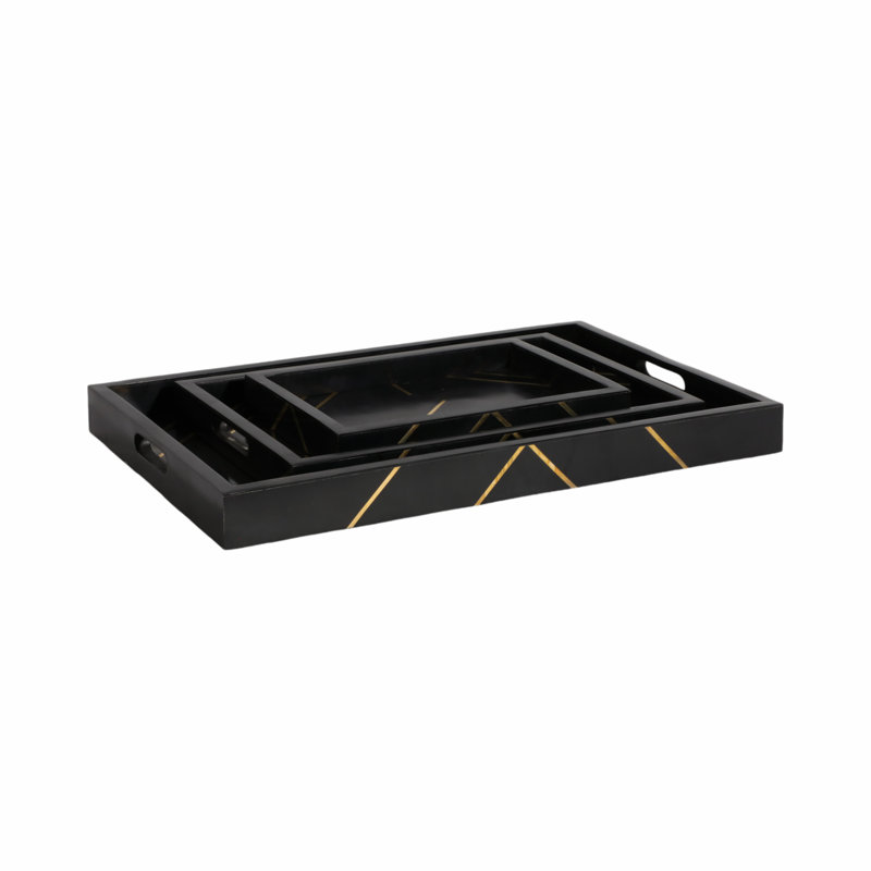 Terrera Serving Tray Set Resin/Wood/Metal Geometric Gold Detailing 24" Wide Black/Gold Finish Home/Office Use Set of 3