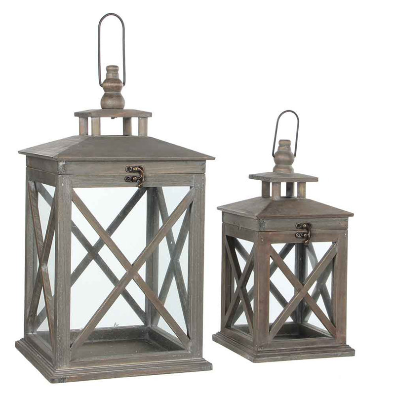 2 Piece Wood Lantern Set, Brown