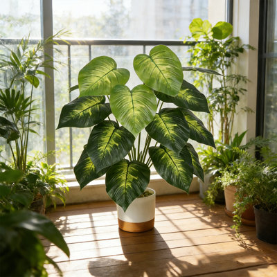 Plante artificielle avec pot, 18 feuilles, plantes artificielles, décoration, bonsaï simulé, pot, décor, maison, fête, bureau de mariage, plancher (style A21, 60 à 70 cm / 23,6 à 27,5 pouces)