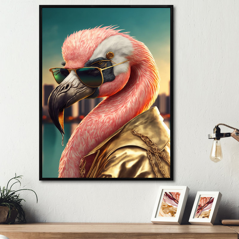 «Flamingo Gangster in NYC III», impression sur toile, H 32 po x l 24 po x P 1 po, Toile avec cadre flottant noir