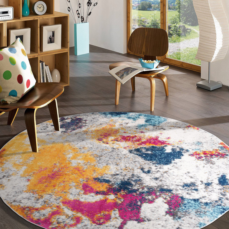 Noires Abstract Ivory/Gray/Blue Area Rug, Round 6'6"