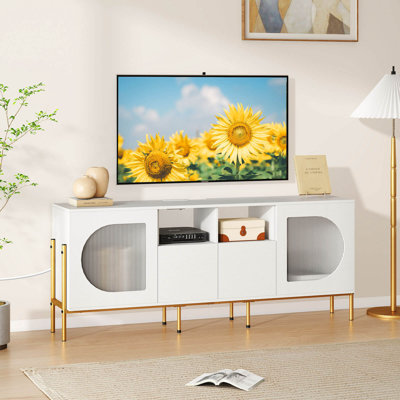 TV Stand with Charging Station for 70” TVs, Fluted Doors & 2 Storage Drawers, White
