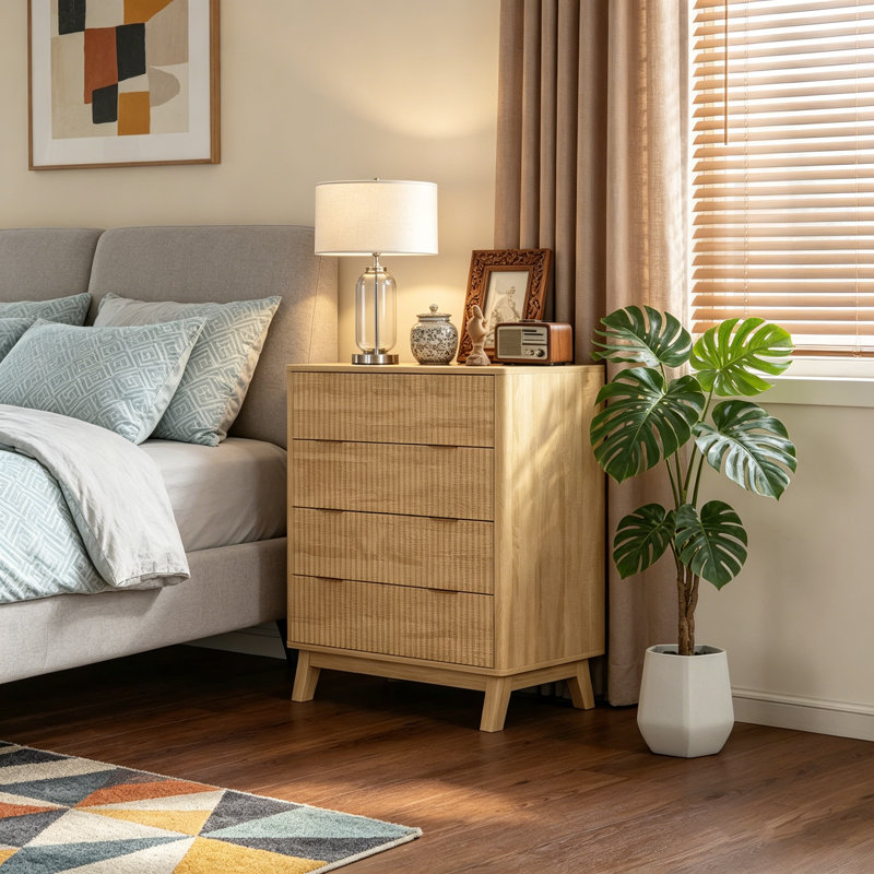 Commode cannelée pour chambre à coucher avec 4 tiroirs, poignées dorées et pieds en angle