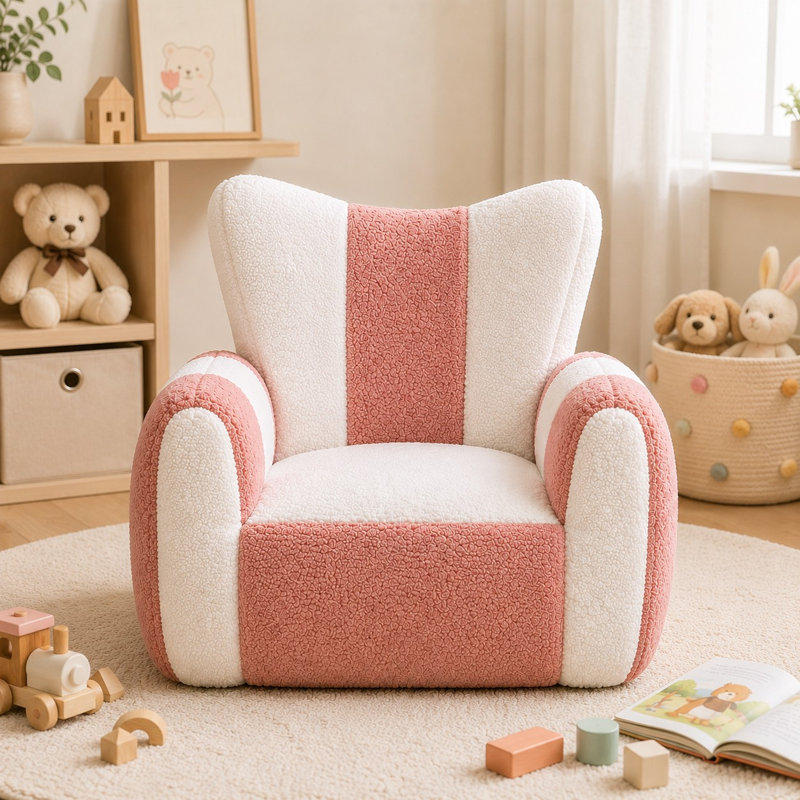 Double-Color Striped Large Size Teddy Fabric Bean Bag Chairs, Kid Size, White/Pink