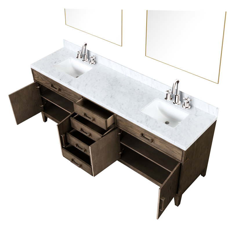 84 po Meuble-lavabo double large en chêne gris avec surface en marbre, robinet et 36 miroirs, protection à long terme en largeur avec comptoir, traitement durable