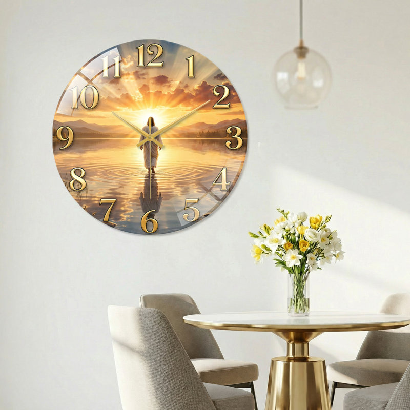 Jésus qui marche, horloge murale en verre décorative moderne, 15,7 po, 40 x 40 cm (15,7 x 15,7 pouces)