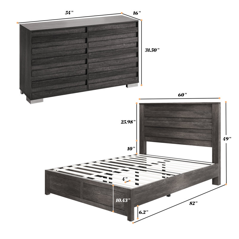  Farmhouse 2 Piece Queen Bedroom Set, Platform Bed And 6 Drawer Dresser, Gray, Gray, Queen
