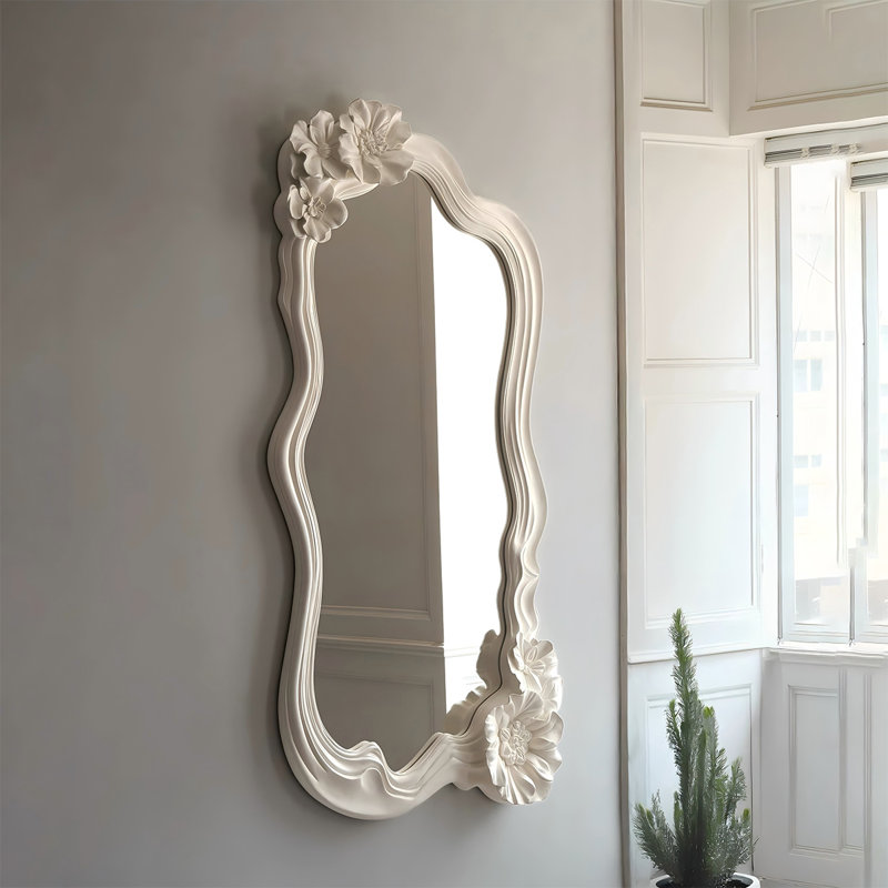 74.8"White fiberglass mirror frame with irregular glass mirror surface, full-length dressing mirror