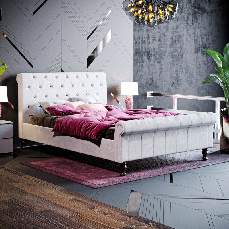 Barr Upholstered Bed, Double (4'6), Light Grey Velvet