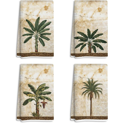 Tropical Coconut Palm Tree Kitchen Towels Set Of 4 – Summer Beach Dish & Tea Towels For Kitchen, Tropical Decorative Hand Towels For Bathroom, Gift For Women, Friends & Coworkers