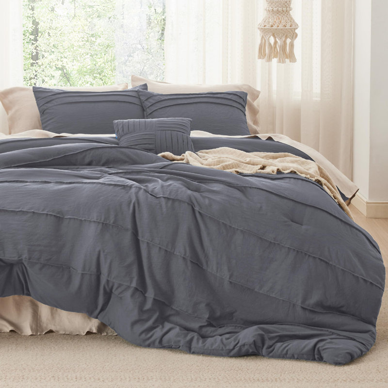 Bedsure Pinch Pleat Comforter Set Boho Bed-in-A-Bag Bedding Set with  Pillowcases for All Season, Dark Gray