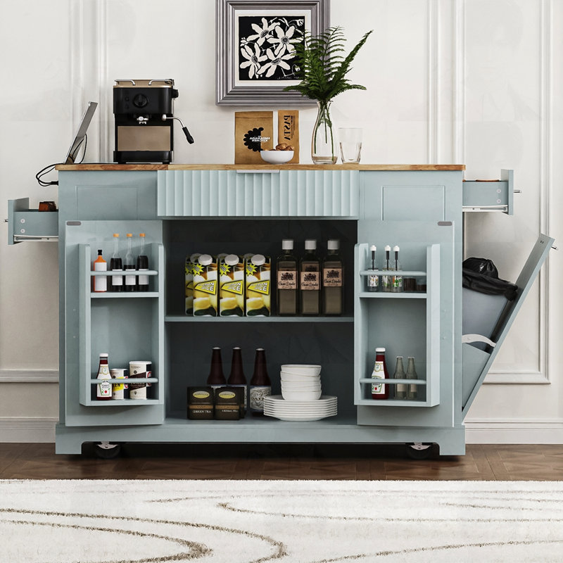 Rolling Kitchen Islands on 5 Wheels with 3 Drawer, 3 Open Side Racks, Gray/Blue