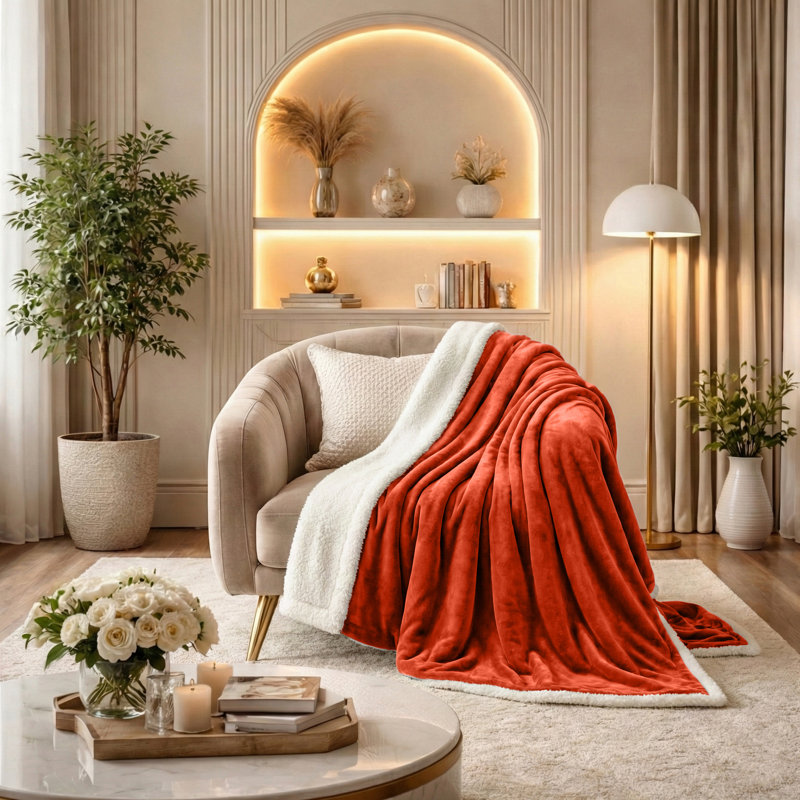 Jeté réversible en molleton Sherpa - Microplush ultra doux, chaleur toutes saisons, lavable à la machine, 80" L x 60" W, Rust