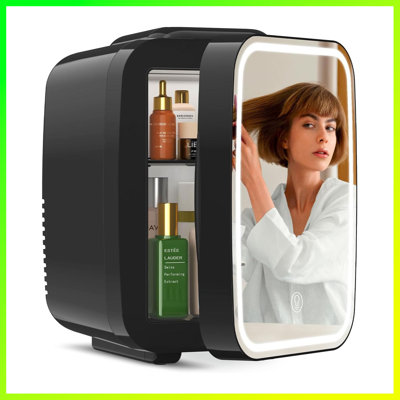 4L/6-Can Mini Skincare Fridge With Dimmable LED Light Mirror – Portable Cooler & Warmer For Cosmetics, Food, Drinks | Ideal For Bedroom, Office, Dorm,Mirror
