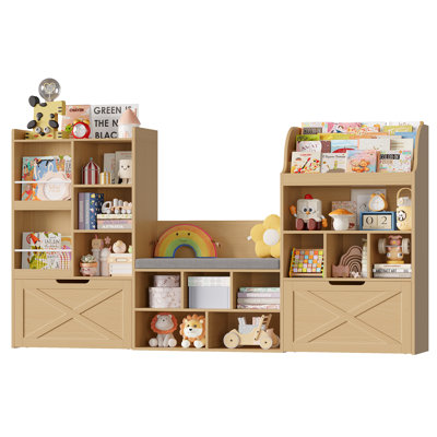 74.6"W Wood Kids Bookcase With 2 Drawers, Seat Cushion And Reading Nook，Toy Organizers And Storage