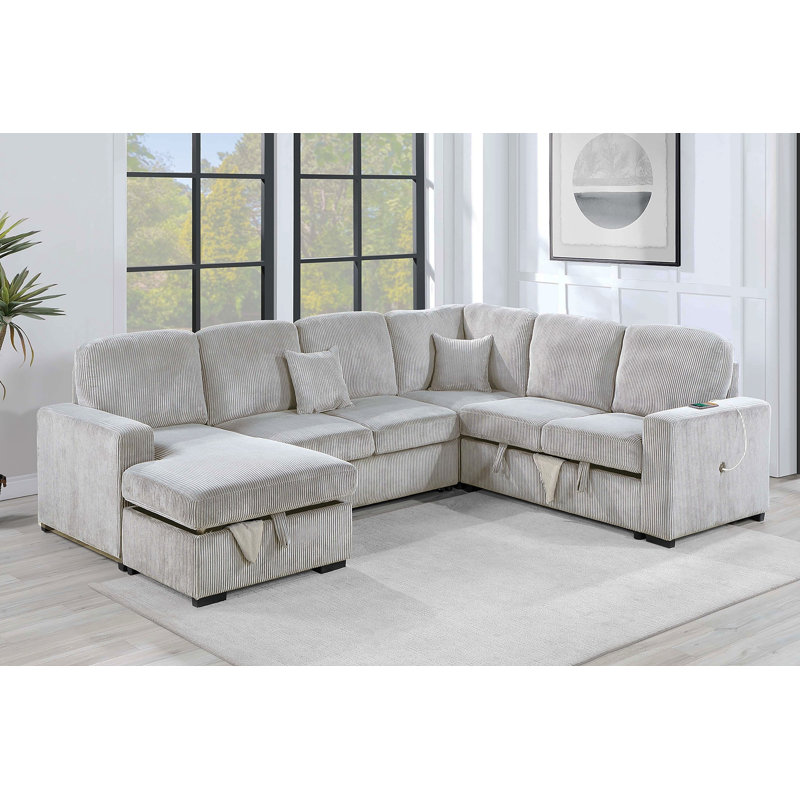 Modern Design 4Pc Convertible Sectional Storage Compartment Matching Pillow Pull Out Bed USB Port Corduroy Upholstered Ivory Finish Primary Living Room