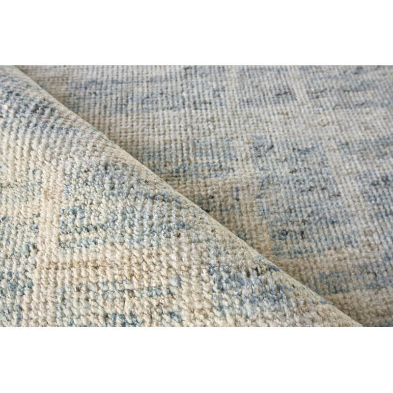 Aldridge Geometric Hand-Knotted Light Blue Area Rug, Rectangle 9' x 12'