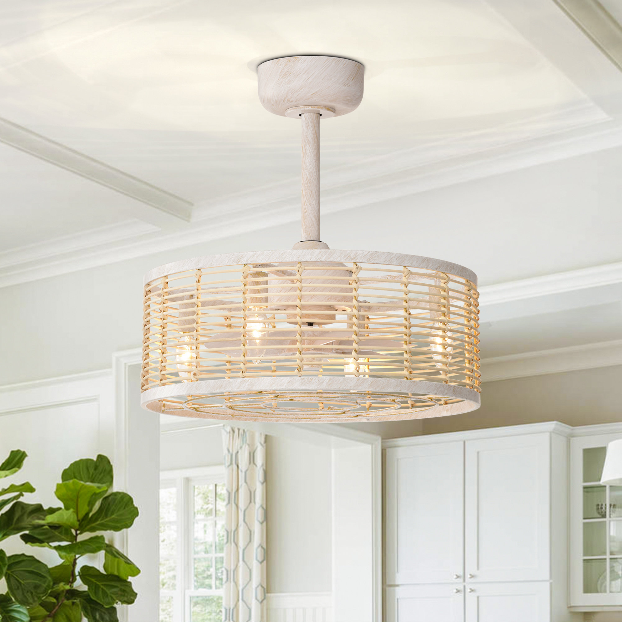 18.5 "Remote Reversible Vintage White Rattan Cage Down Rod Mount Flush Mount Ceiling Fan with Living Room/Bedroom Lighting Kit
