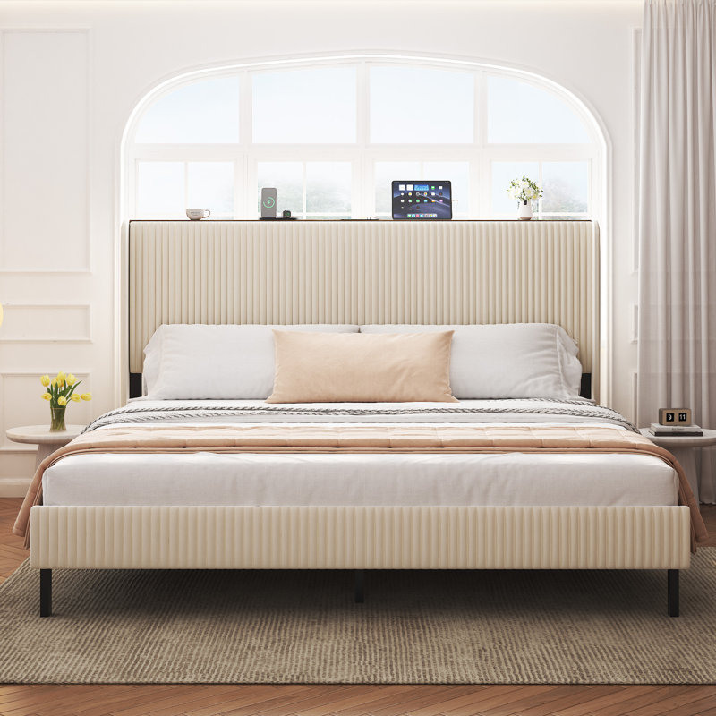 Structure de lit très grand beige avec tête de lit tapissier - Lit plateforme en métal robuste et silencieux, assemblage facile, conception moderne et élégante