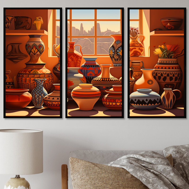 «Mexicain terre cuite vases fenêtre vue coucher de soleil», Cadre flottant noir, H 40 po x l 60 po x P 1 po