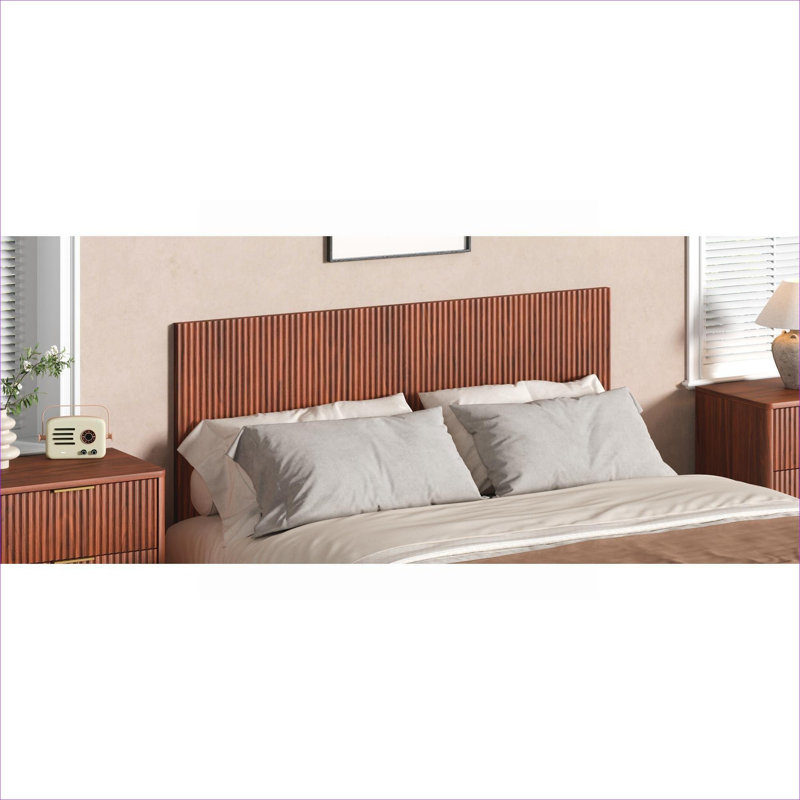 Brown-toned MDF Wall-Mounted Headboard for Queen Size Bedroom, Modern Bohemian Wavy Vertical Wood Grain Design, Brown