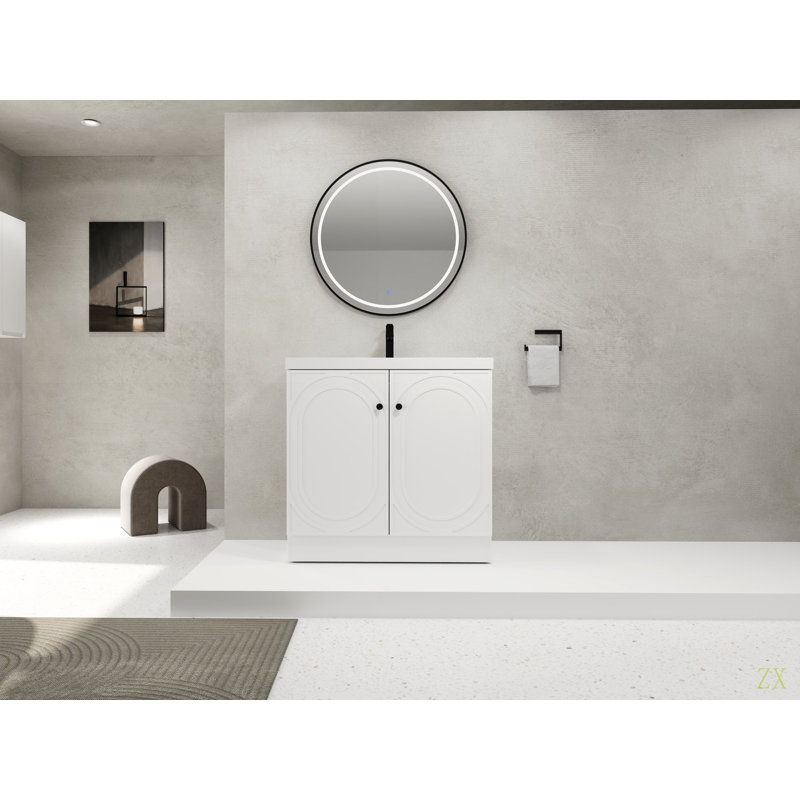 Lavabo de salle de bain sur pied 36 po en résine et 2 portes d'armoire à fermeture en douceur (emballage KD), Blanc, 35"