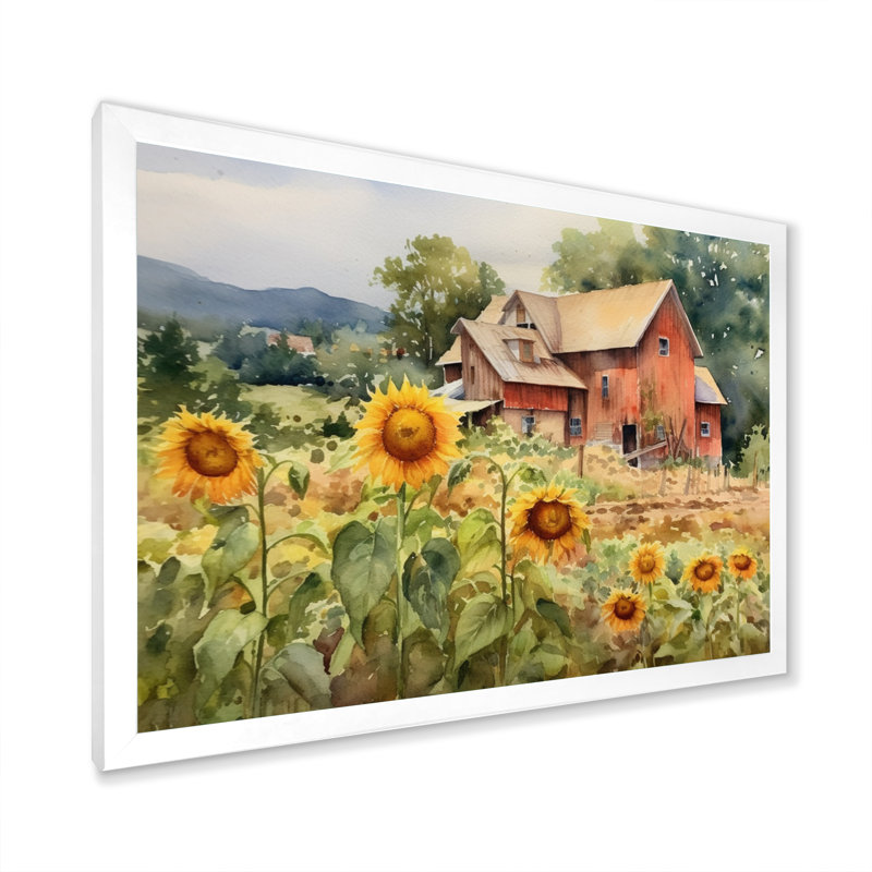 Tournesol doré à la ferme III - art mural floral, H 24 po x l 32 po x P 1 po, Cadre photo blanc