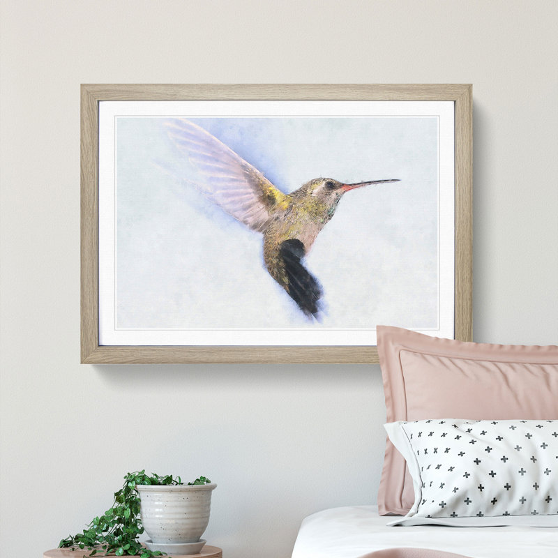 Flying Hummingbird Bird - Picture Frame Graphic Art Print, 33cm H x 45cm W x 2cm D, Oak Framed
