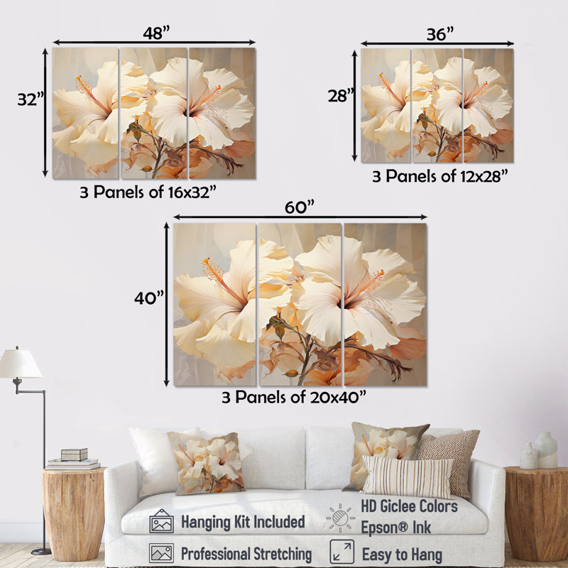 Hibiscus beige II, ensemble d'art sur toile, H 32 po x l 48 po x P 1 po