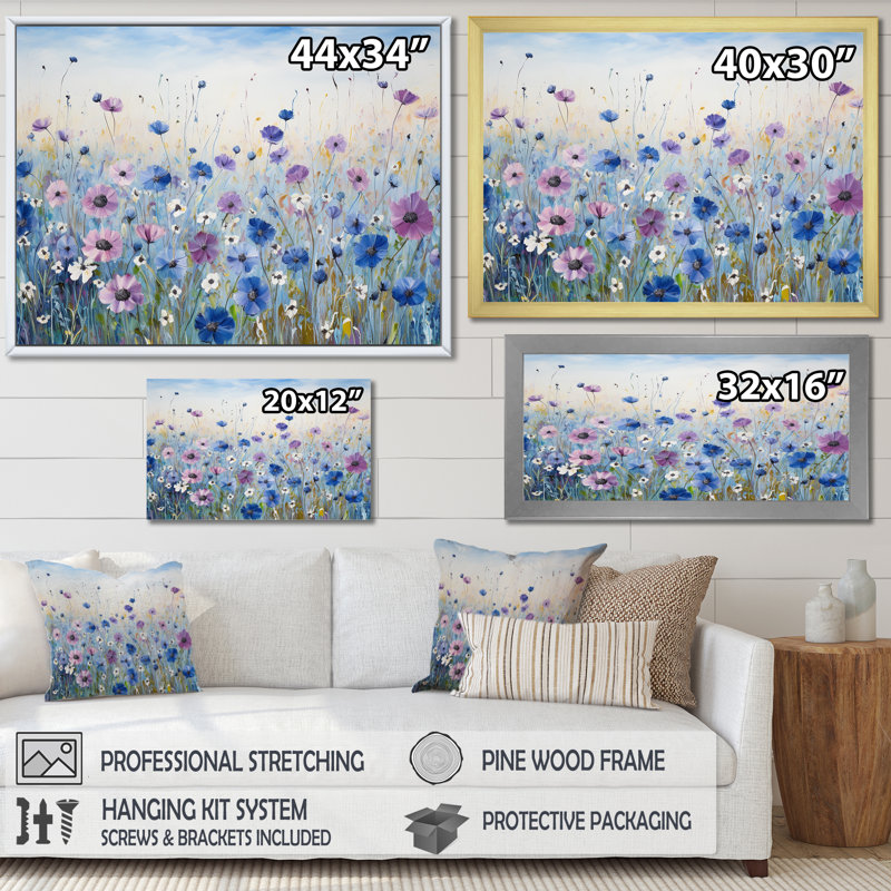 Divine cornflowers Blooming Field III - Art mural champ de fleurs, H 24 po x l 32 po x P 1 po, Cadre simple noir