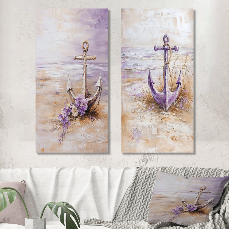 Ancre florale sur la plage - ensemble de 2 impressions murales nautiques en métal, 40" H x 40" W