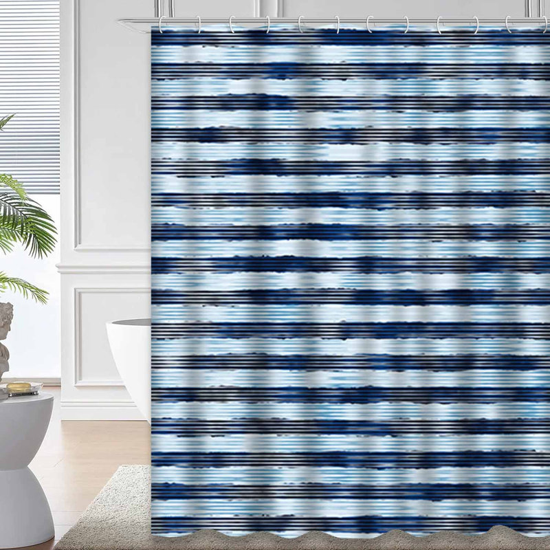 Rideau de douche à motif abstrait rayé bleu marine avec 12 crochets, L 72 po x l 78 po