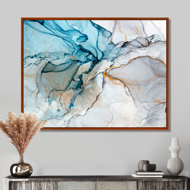 Luxry Blue and Grey Marble Art Ripples - impression sur toile, H 34 po x l 44 po, Reproduction avec cadre flottant, Brun