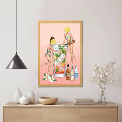 «Lemon Slice Women in Bikinis» avec cocktail en verre et bouteilles de rhum, reproduction d'art sur toile tendue sur toile, ensemble de 1