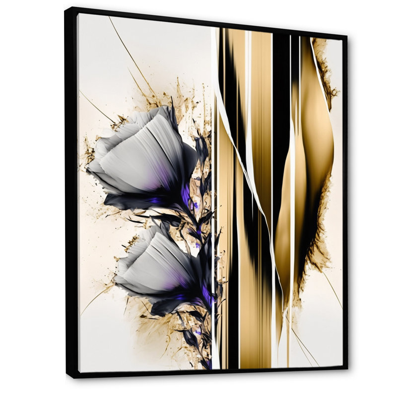 Fleur mauve sur une peinture abstraite I - Peinture sur toile, H 40 po x l 30 po x P 1,5 po, Toile avec cadre flottant noir