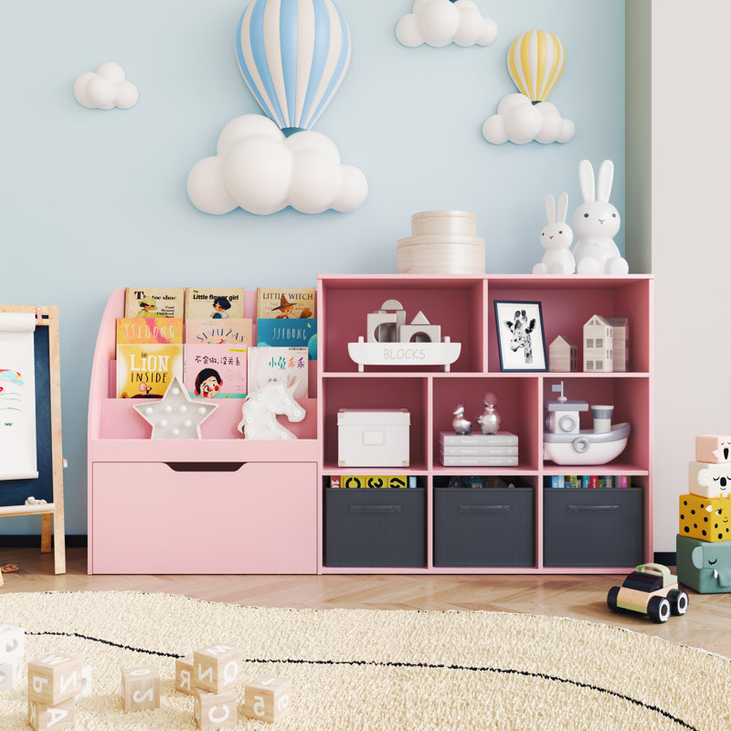 58" Oversized Kids Toy Organizers and Storage, 31"High 9 Cube Storage Organizer with Rolling Drawer & Bins, wooden Multilayer Toy Chest Storage Bookcase for Playroom/Nursery/Bedroom/Toy Room