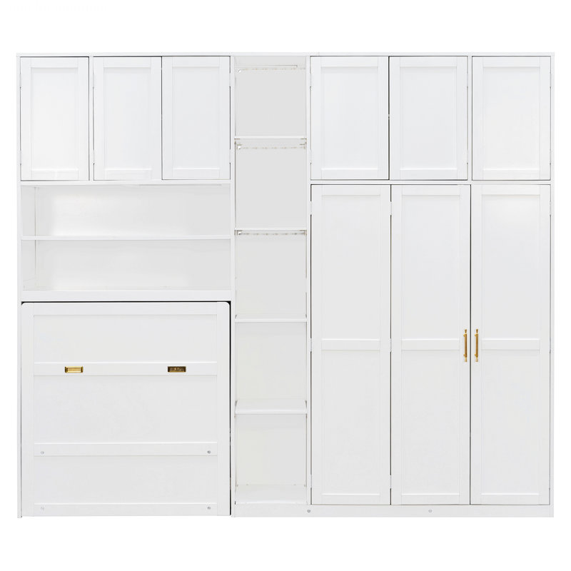 Cadre de lit moderne, lit escamotable avec armoire, étagères de rangement, étagères d'affichage DEL à 5 niveaux, Blanc