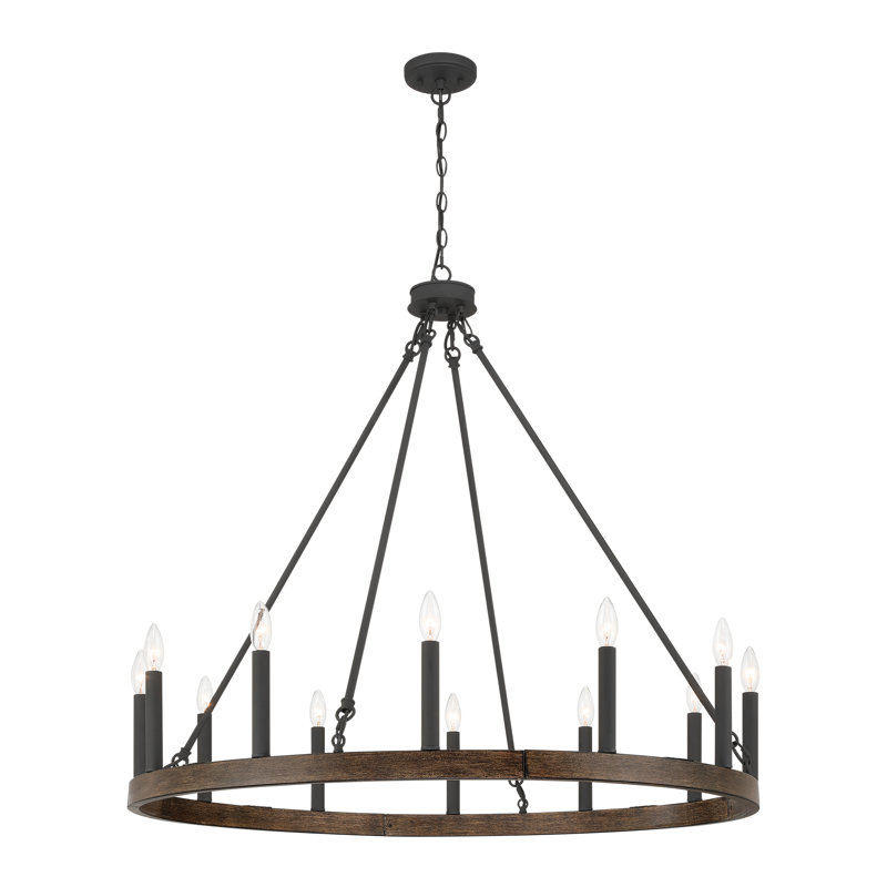 12-Light Candle Style Dimmable Wagon Wheel Chandelier, Walnut
