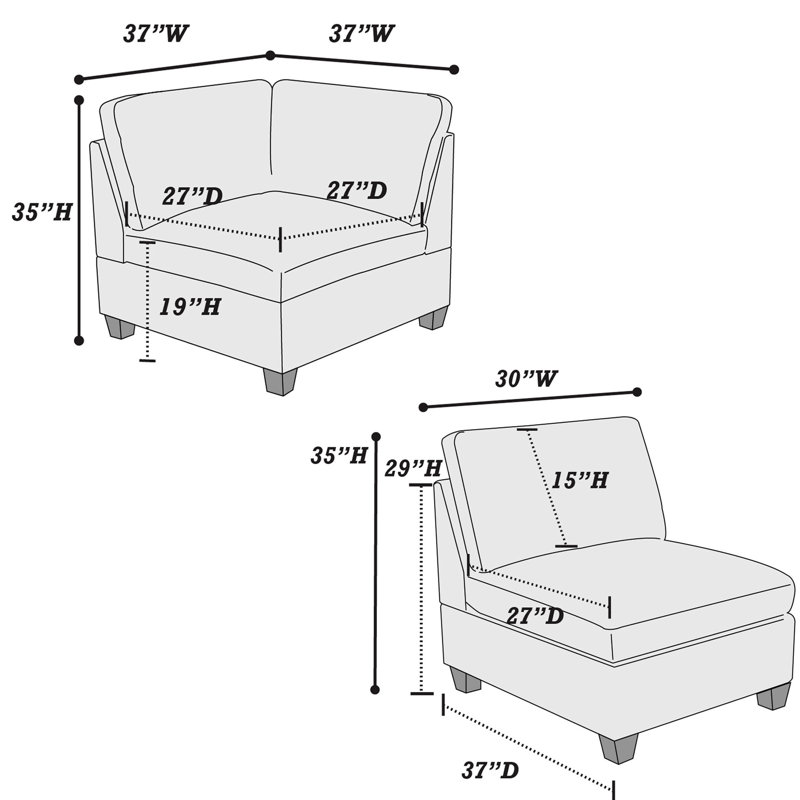 Canapé modulaire 3 pièces gris, tissu chenille avec dossier coussiné, configuration sans accoudoirs et chaises